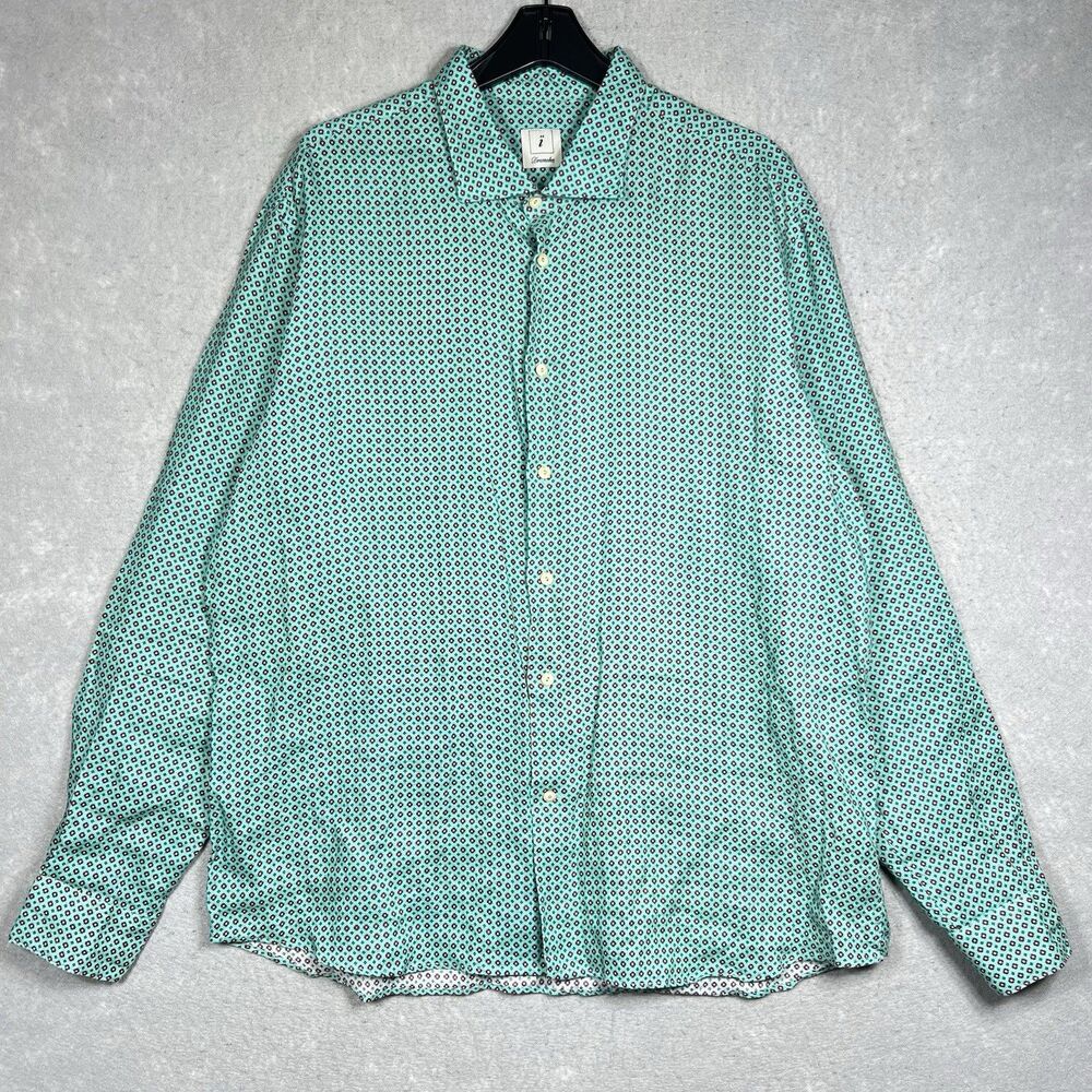 Drumohr Button Up Dress Shirt Green Men’s 3XL Geometric 100% Linen Made in Italy
